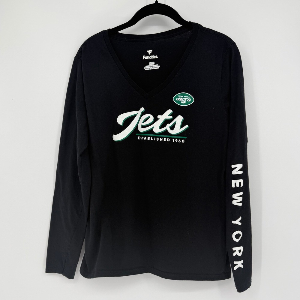 Fanatics New York Jets Womens V-Neck Long Sleeve T-Shirt Black NFL 2R53 Large
